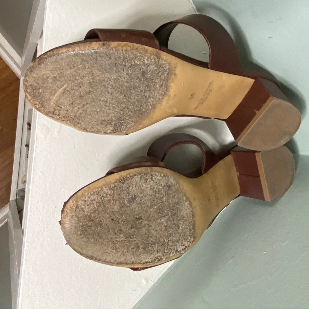 Mansur Gavriel Brown Leather Block Chunky Heeled Mules Sandals Heels Size 36/6